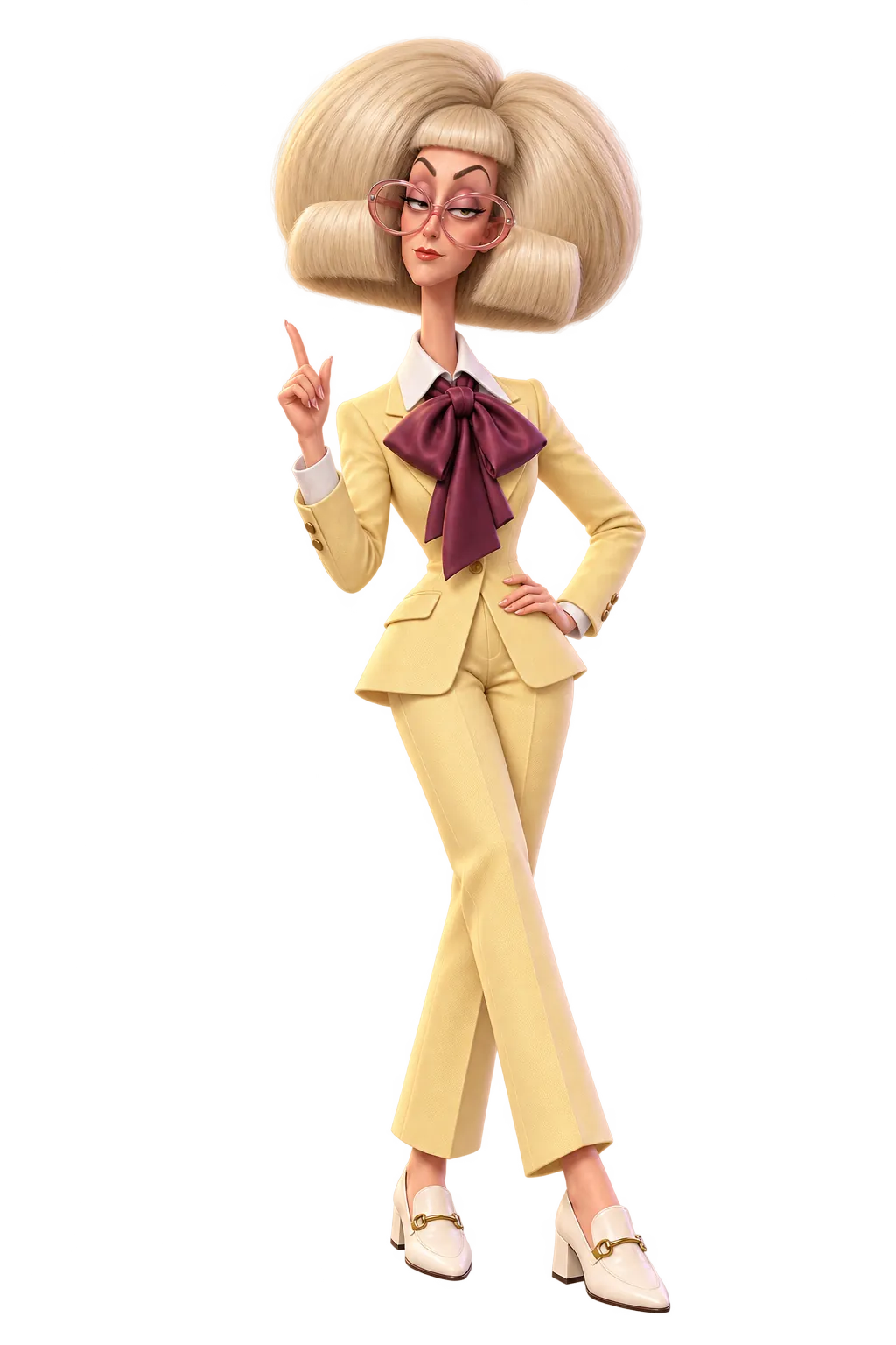 Fiktive KI-Charakterin mit übergroßem blondem Bouffant-Bob, winzigem Pony und gelbem Anzug