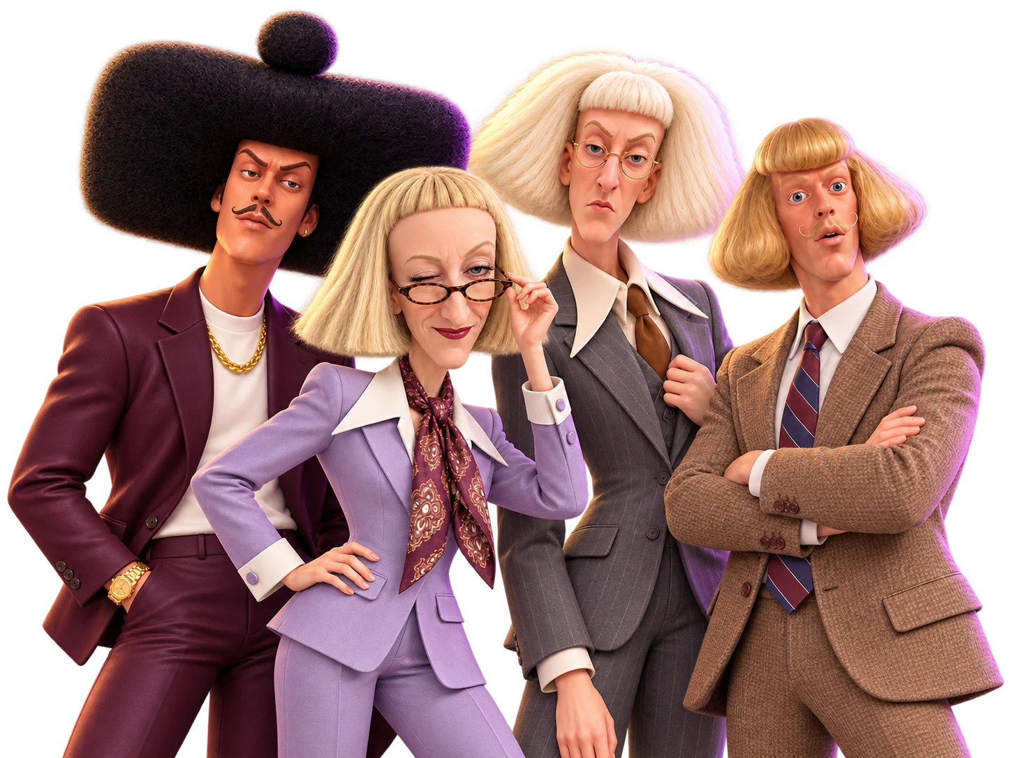Phil Jean, Brigitte Macaron, Edith Paf, Jean Phil gemeinsam als stilisierte 3D-Fan-Interpretationen: ein Gruppenporträt mit markanten Frisuren und eleganten Anzügen.