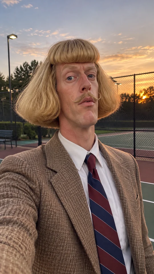 KI-Bildkonzept: Jean Phil mit blondem Bob und Schnurrbart als Handy-Selfie am Tennisplatz.