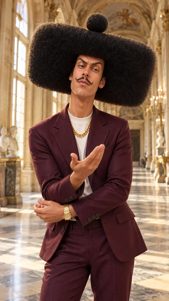 KI-Bildkonzept: Phil Jean im burgunderfarbenen Anzug mit kantiger Afro-Frisur in einem Palais.